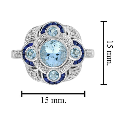 Round Blue Aquamarine & Sapphire Diamond Art Deco Style White Gold Ring