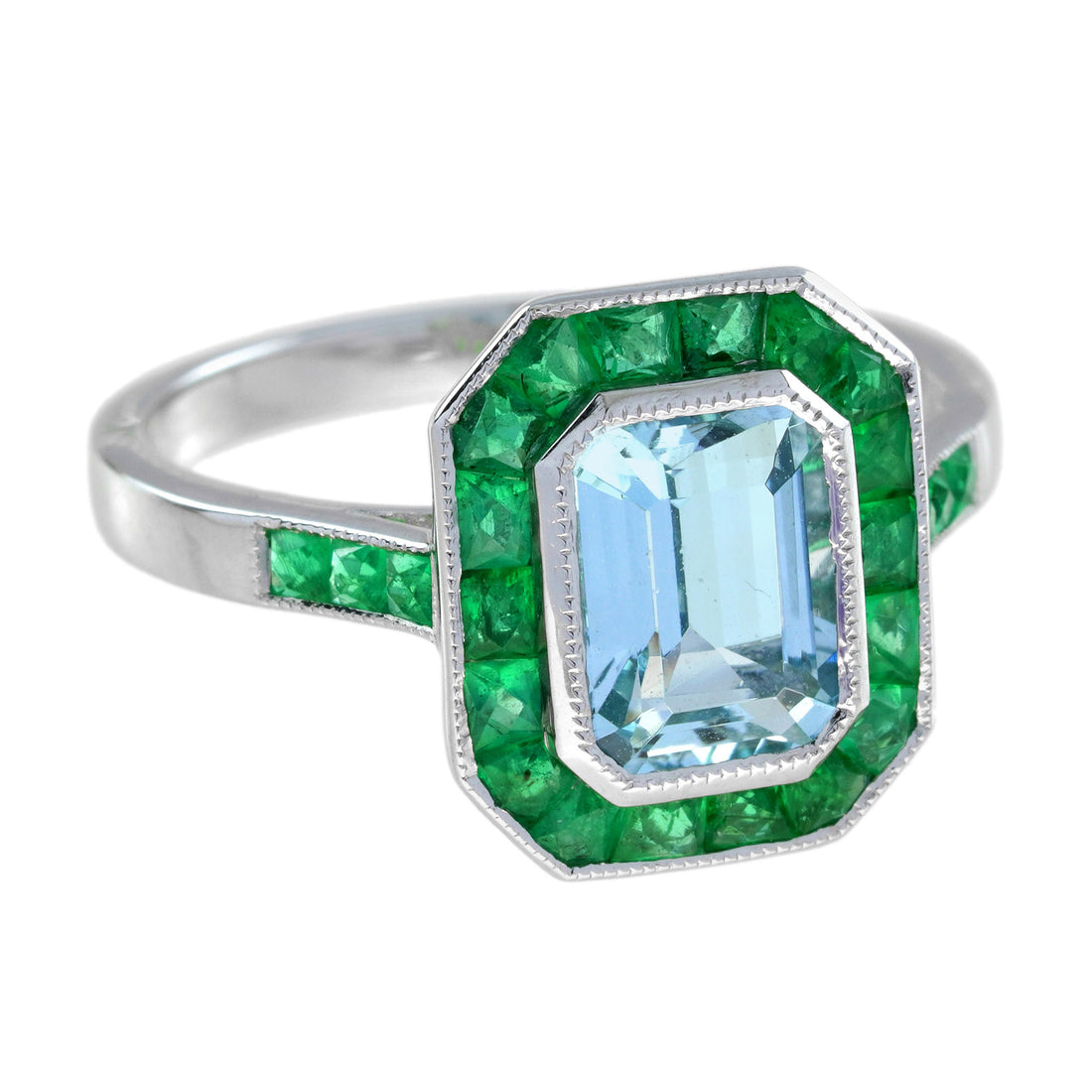 Emerald Cut Blue Aquamarine & Green Emerald Art Deco Style White Platinum Ring