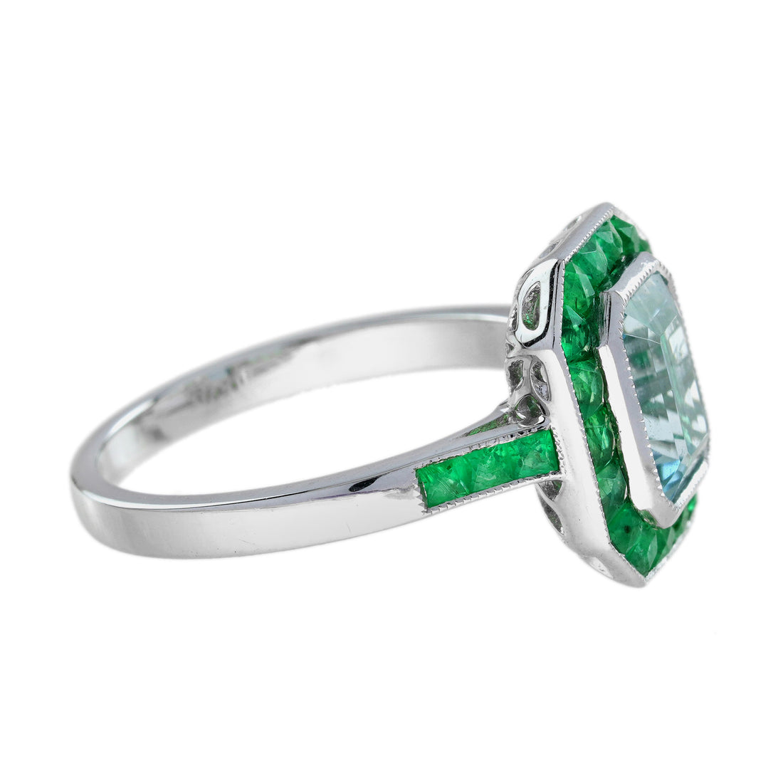 Emerald Cut Blue Aquamarine &amp; Green Emerald Art Deco Style White Platinum Ring