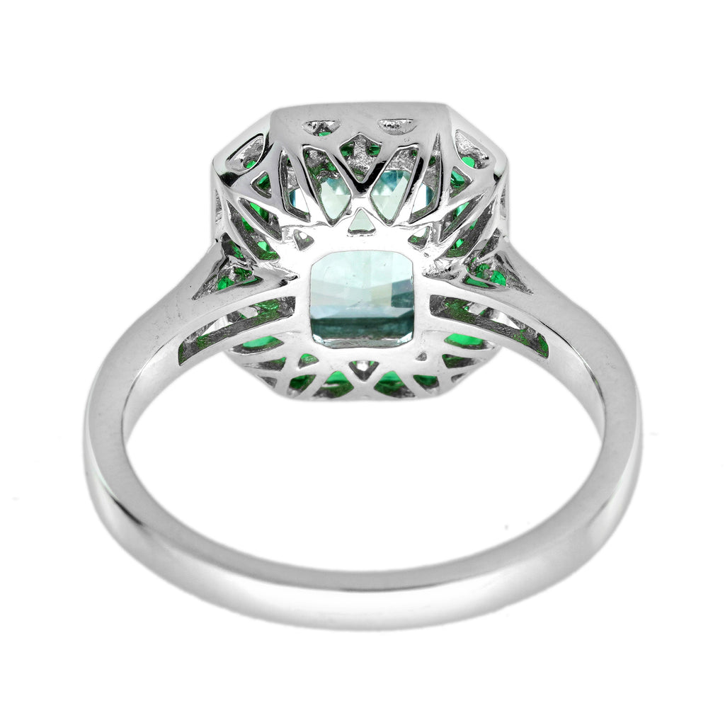Emerald Cut Blue Aquamarine & Green Emerald Art Deco Style White Platinum Ring