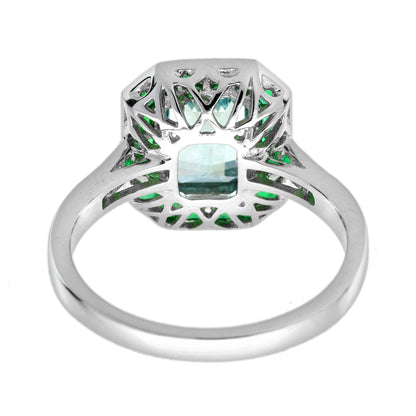 Emerald Cut Blue Aquamarine &amp; Green Emerald Art Deco Style White Platinum Ring