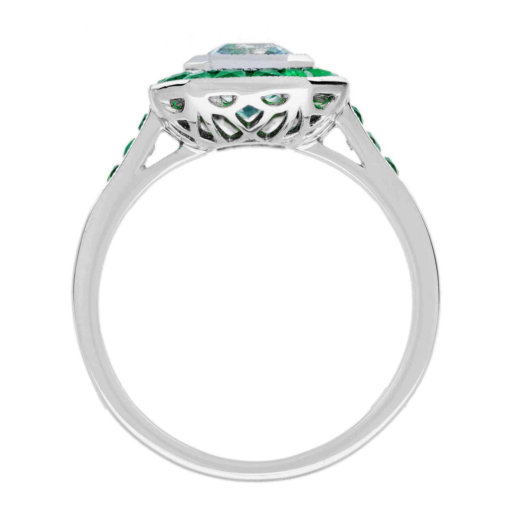 Emerald Cut Blue Aquamarine & Green Emerald Art Deco Style White Platinum Ring