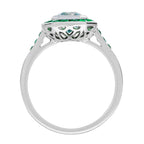 Emerald Cut Blue Aquamarine & Green Emerald Art Deco Style White Platinum Ring