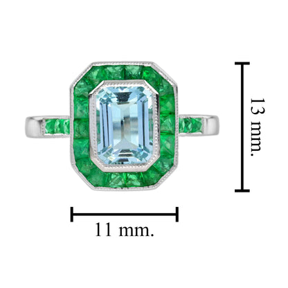 Emerald Cut Blue Aquamarine &amp; Green Emerald Art Deco Style White Platinum Ring