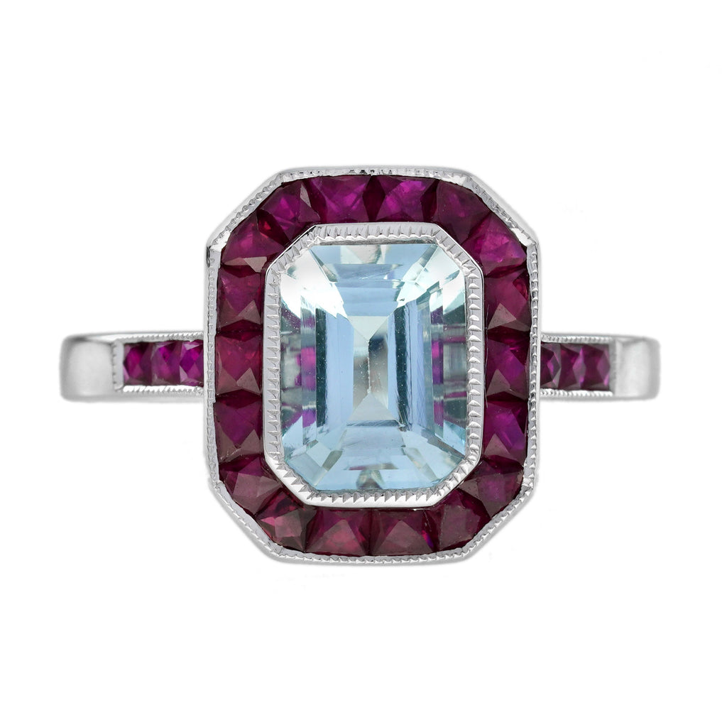 Octagon Shape Blue Aquamarine & Ruby Halo Set Art Deco Style 14K White Gold Ring
