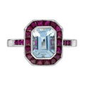 Octagon Shape Blue Aquamarine & Ruby Halo Set Art Deco Style 14K White Gold Ring