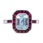 Octagon Shape Blue Aquamarine & Ruby Halo Set Art Deco Style 14K White Gold Ring