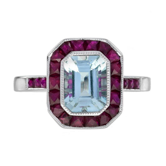 Octagon Shape Blue Aquamarine & Ruby Halo Set Art Deco Style 14K White Gold Ring