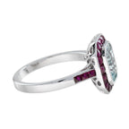Octagon Shape Blue Aquamarine & Ruby Halo Set Art Deco Style 14K White Gold Ring
