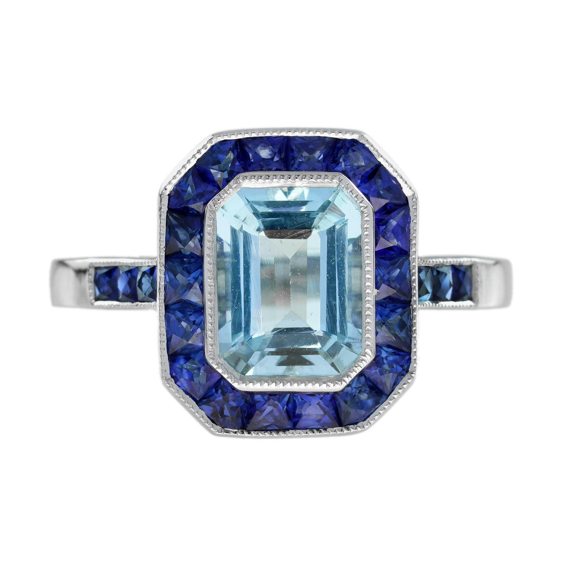 Rectangle Blue Aquamarine & Sapphire Halo Set Art Deco Style White Gold Ring