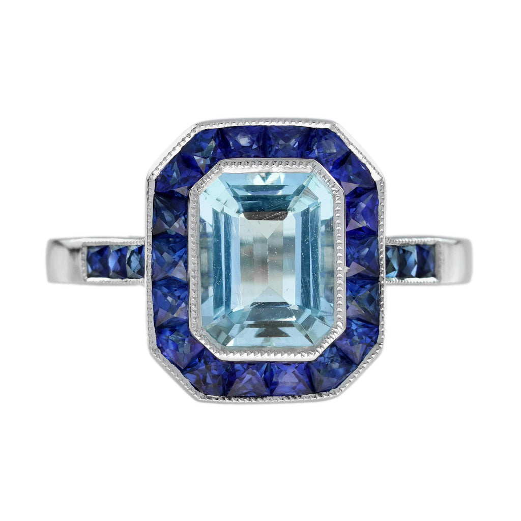 Rectangle Blue Aquamarine & Sapphire Halo Set Art Deco Style White Gold Ring