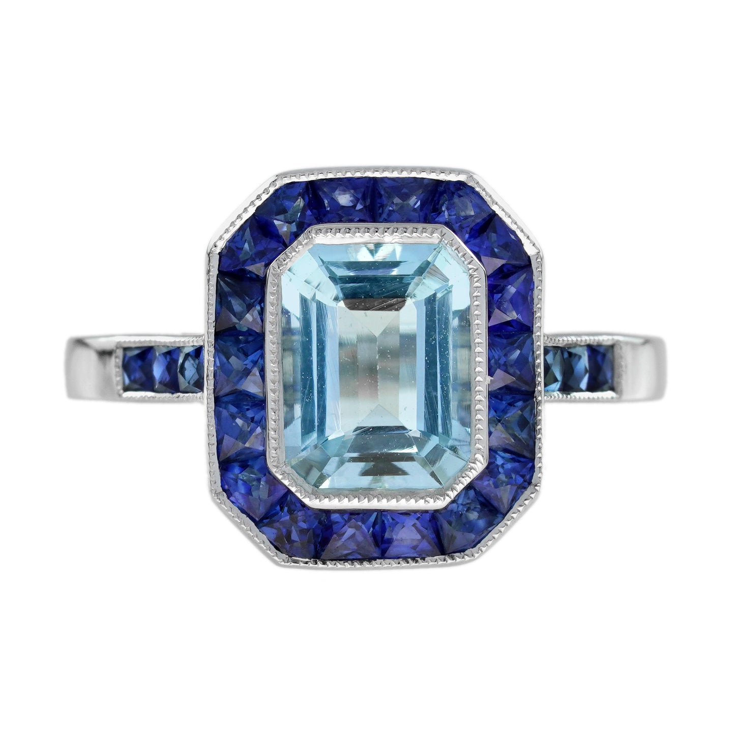 rectangle blue aquamarine & sapphire halo set art deco style white gold ring