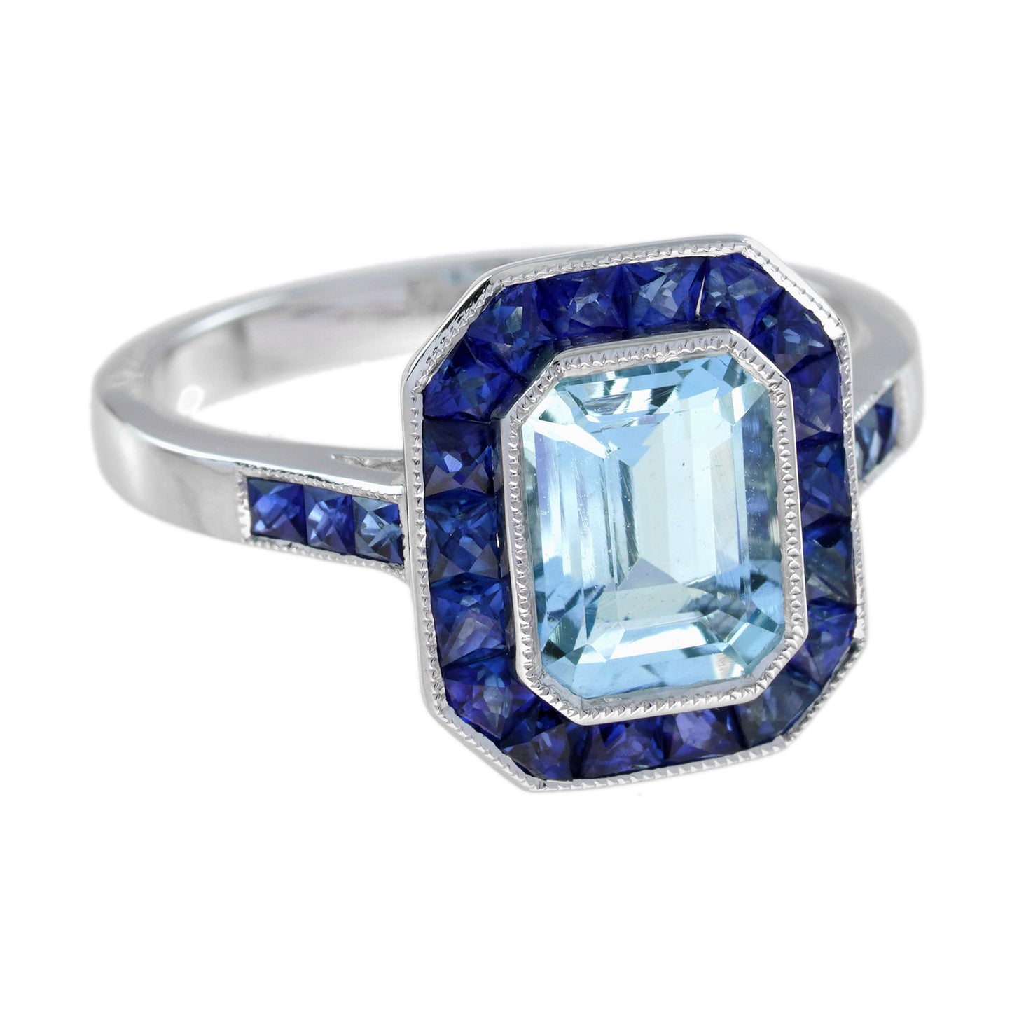 rectangle blue aquamarine & sapphire halo set art deco style white gold ring
