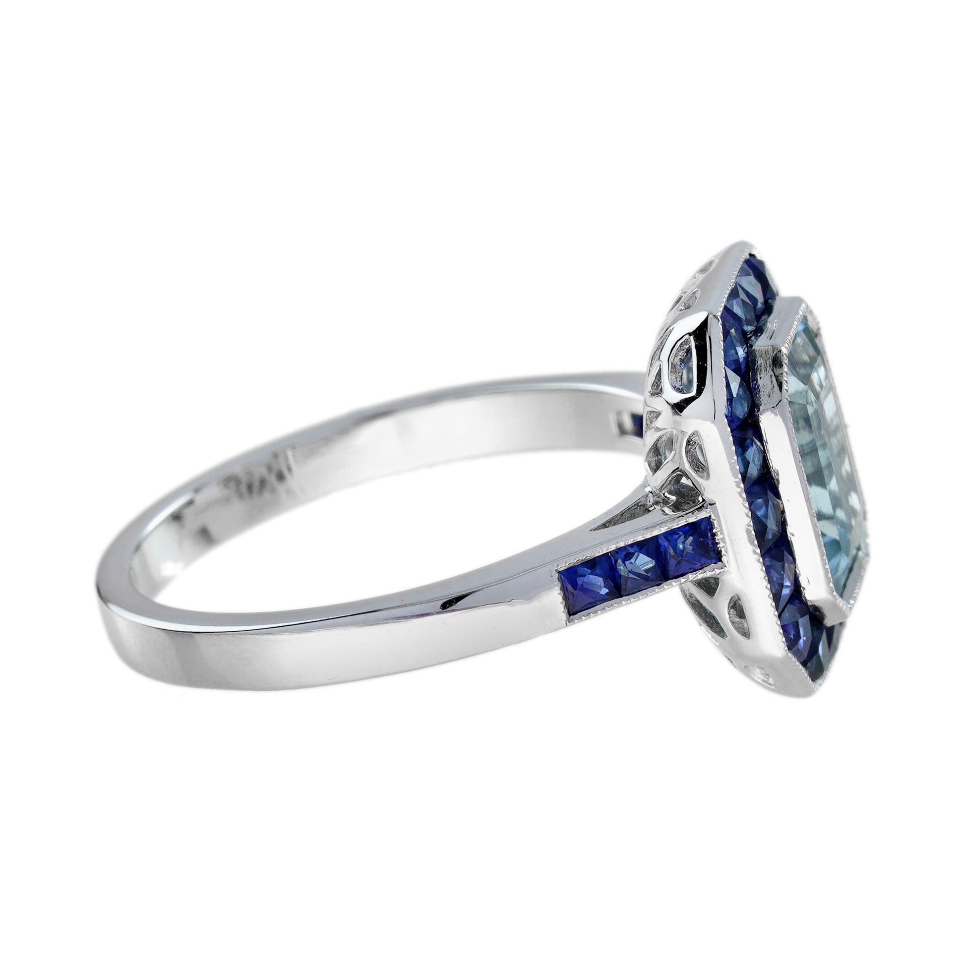 Rectangle Blue Aquamarine & Sapphire Halo Set Art Deco Style White Gold Ring