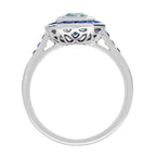Rectangle Blue Aquamarine & Sapphire Halo Set Art Deco Style White Gold Ring