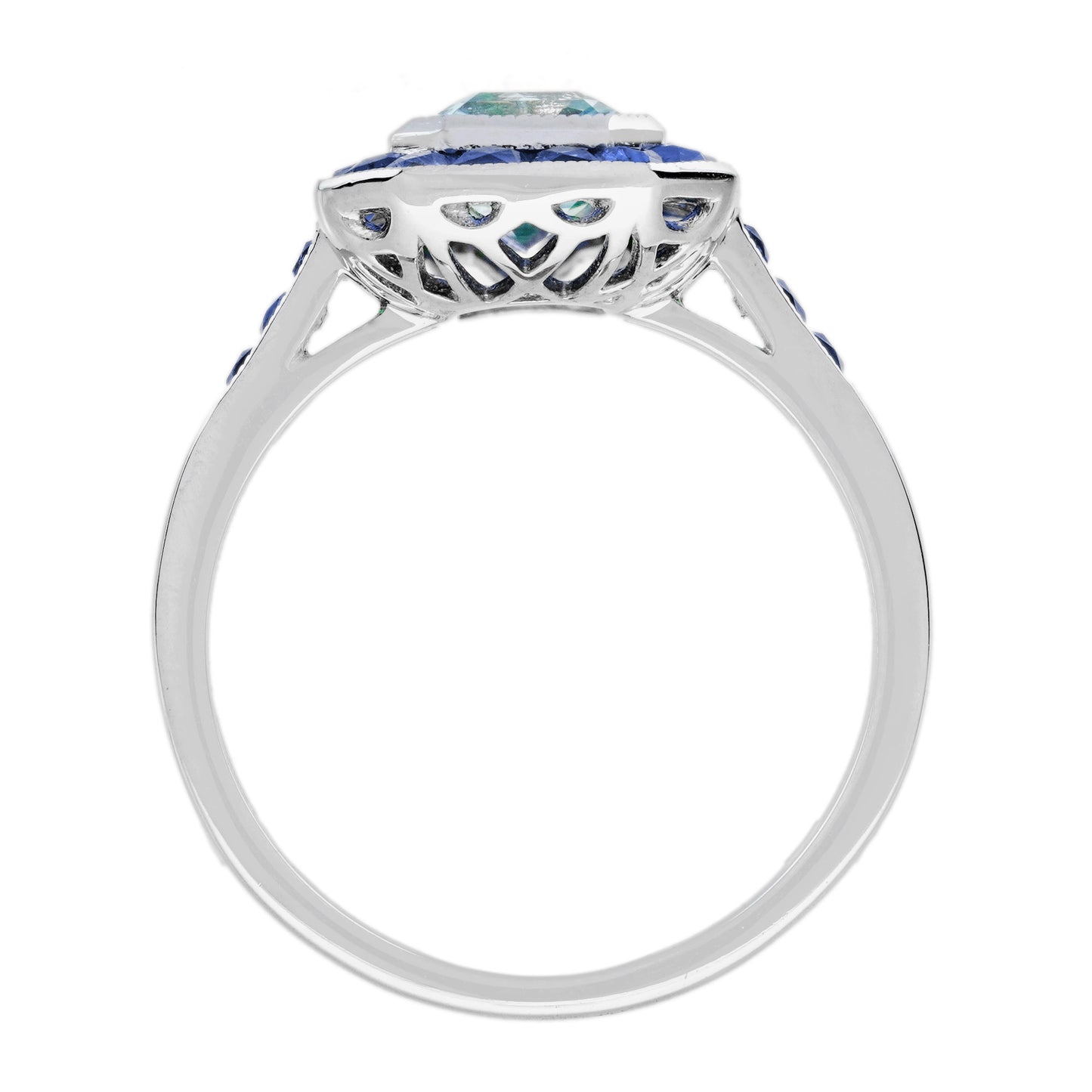 rectangle blue aquamarine & sapphire halo set art deco style white gold ring