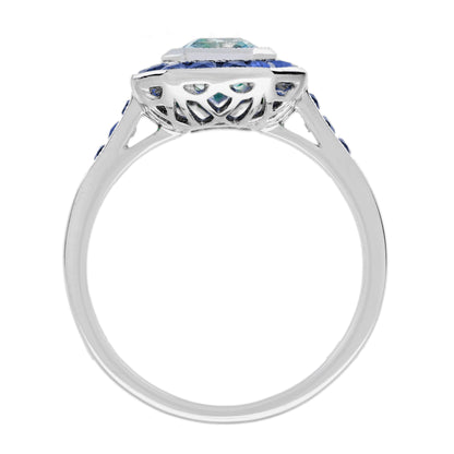 Rectangle Blue Aquamarine & Sapphire Halo Set Art Deco Style White Gold Ring
