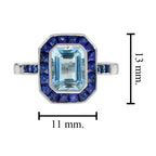 Rectangle Blue Aquamarine & Sapphire Halo Set Art Deco Style White Gold Ring