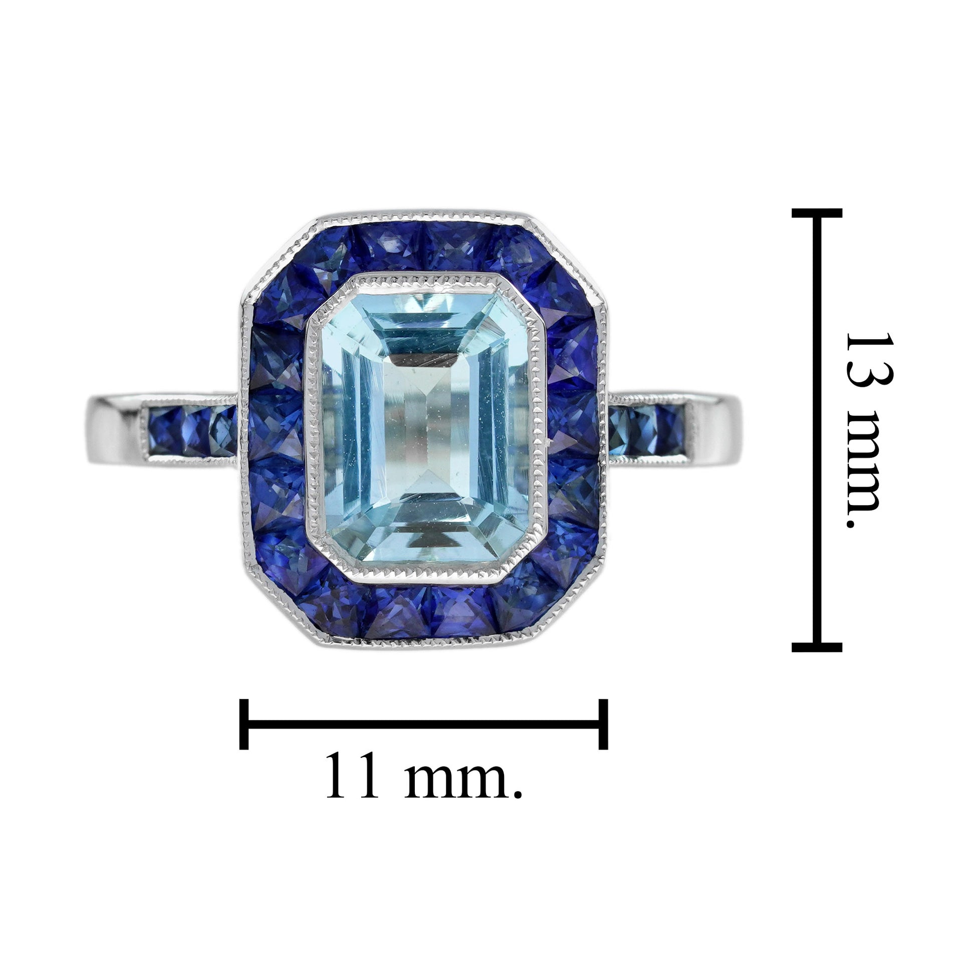 Rectangle Blue Aquamarine & Sapphire Halo Set Art Deco Style White Gold Ring