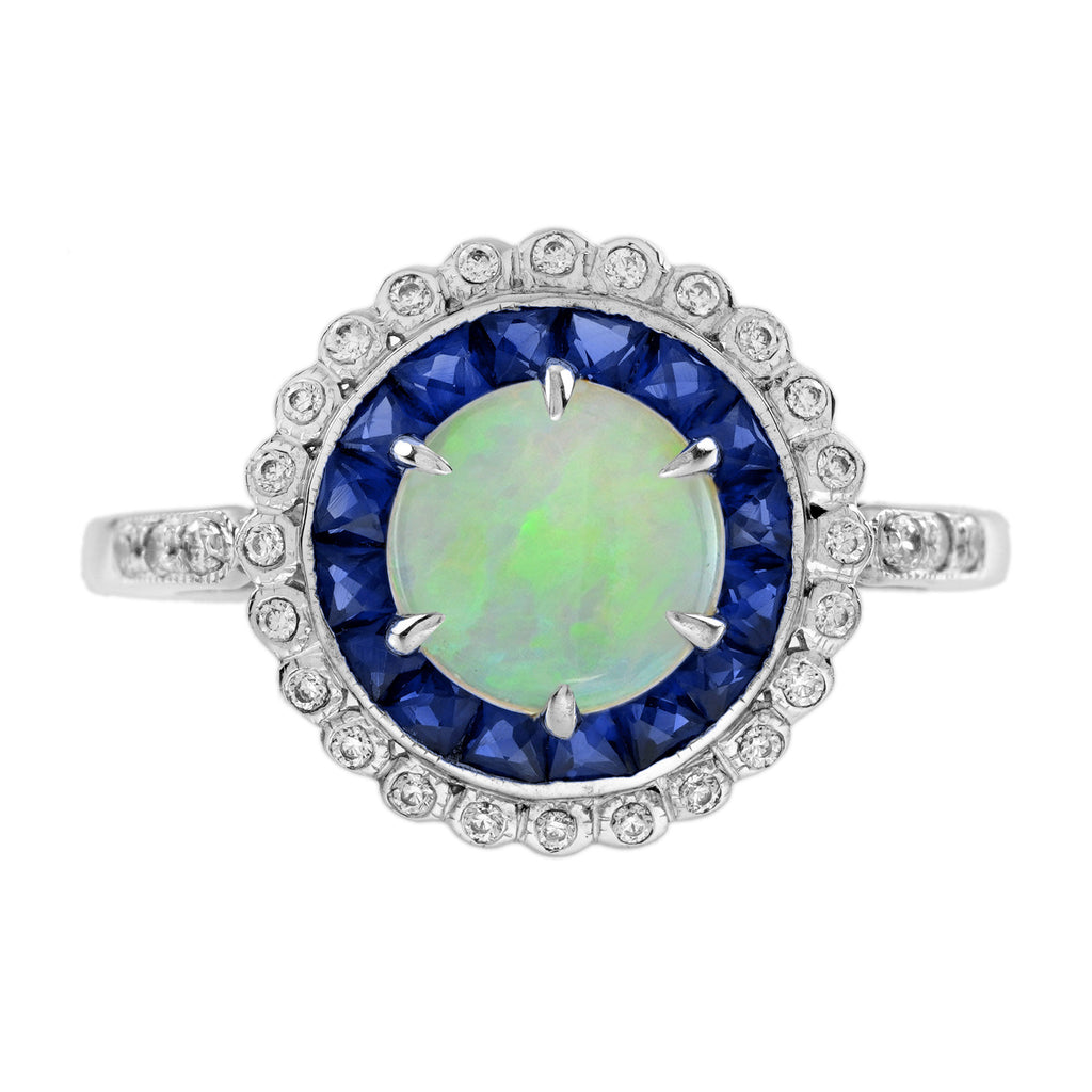 1.58 Ctw Art Deco Opal, Blue Sapphire & Diamond 14K White Gold Halo Ring