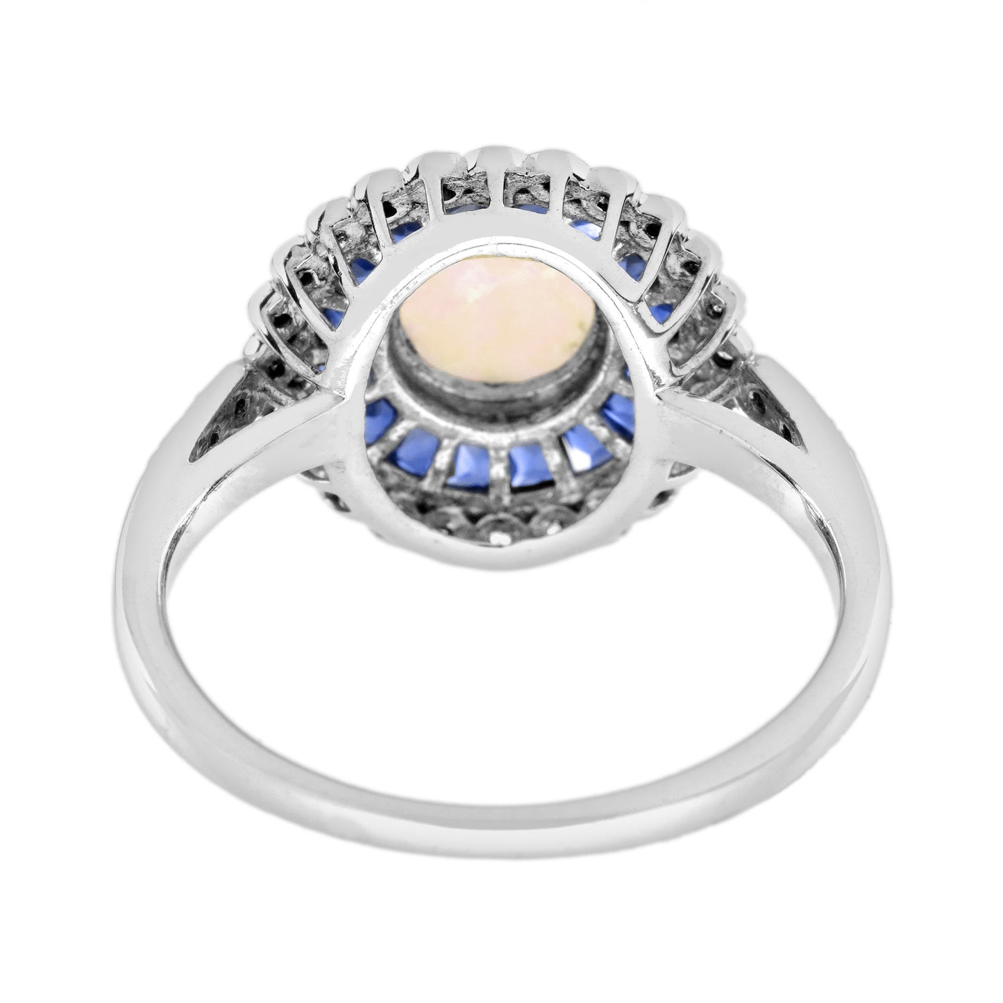 opal & blue sapphire diamond vintage style halo white gold ring