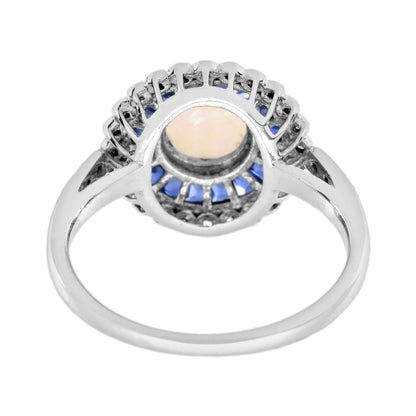 Opal & Blue Sapphire Diamond Vintage Style Halo White Gold Ring