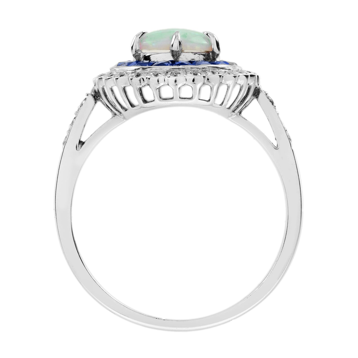 opal & blue sapphire diamond vintage style halo white gold ring