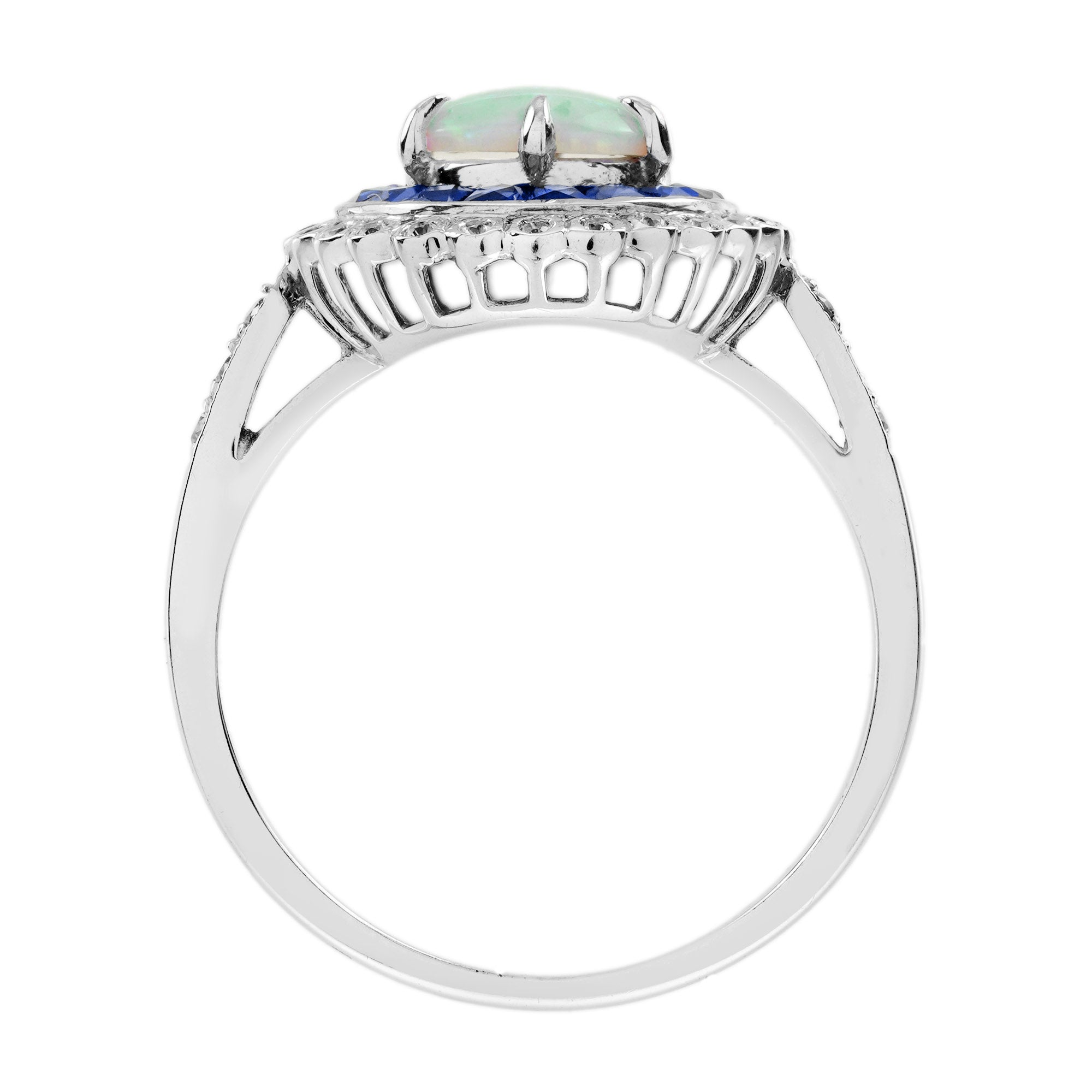Opal &amp; Blue Sapphire Diamond Vintage Style Halo White Gold Ring