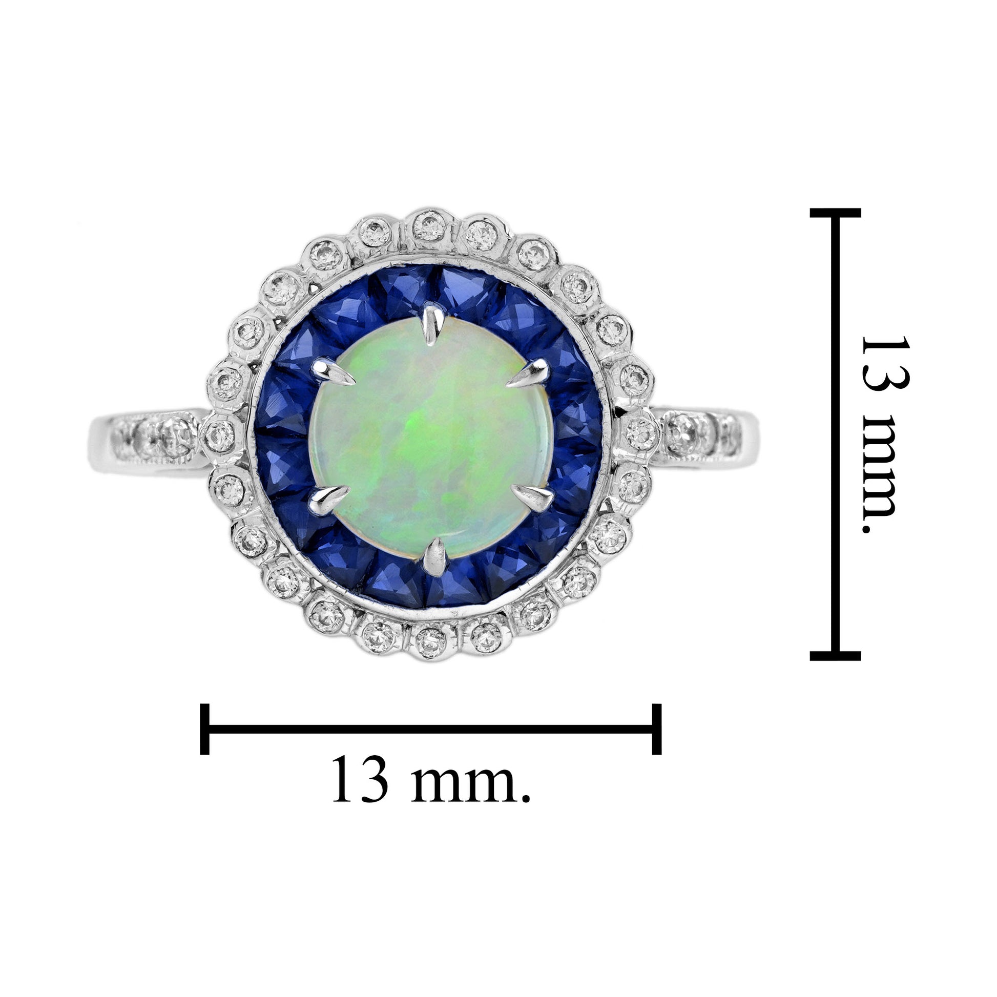 Opal & Blue Sapphire Diamond Vintage Style Halo White Gold Ring