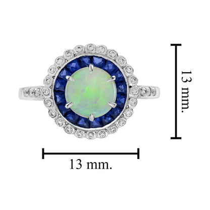 Opal & Blue Sapphire Diamond Vintage Style Halo White Gold Ring