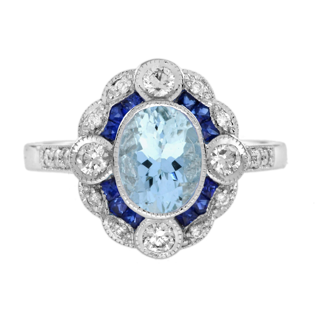 Blue Aquamarine Sapphire Diamond Art Deco Style Earrings & Ring Jewelry Set