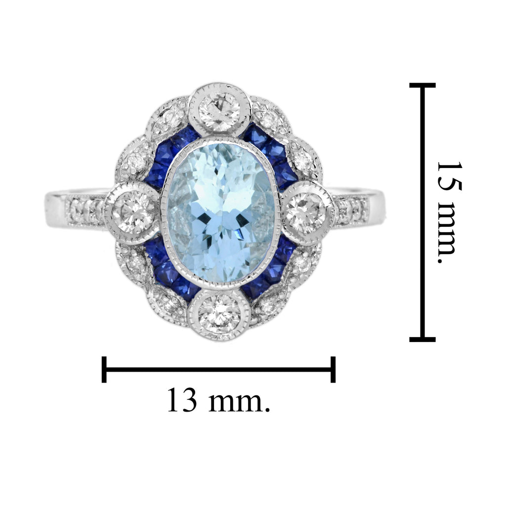 Blue Aquamarine Sapphire Diamond Art Deco Style Earrings & Ring Jewelry Set