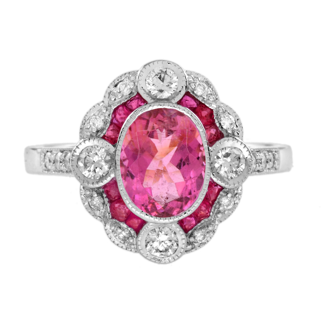 Oval Shape Pink Tourmaline & Ruby Diamond Vintage Inspired Style White Gold Ring
