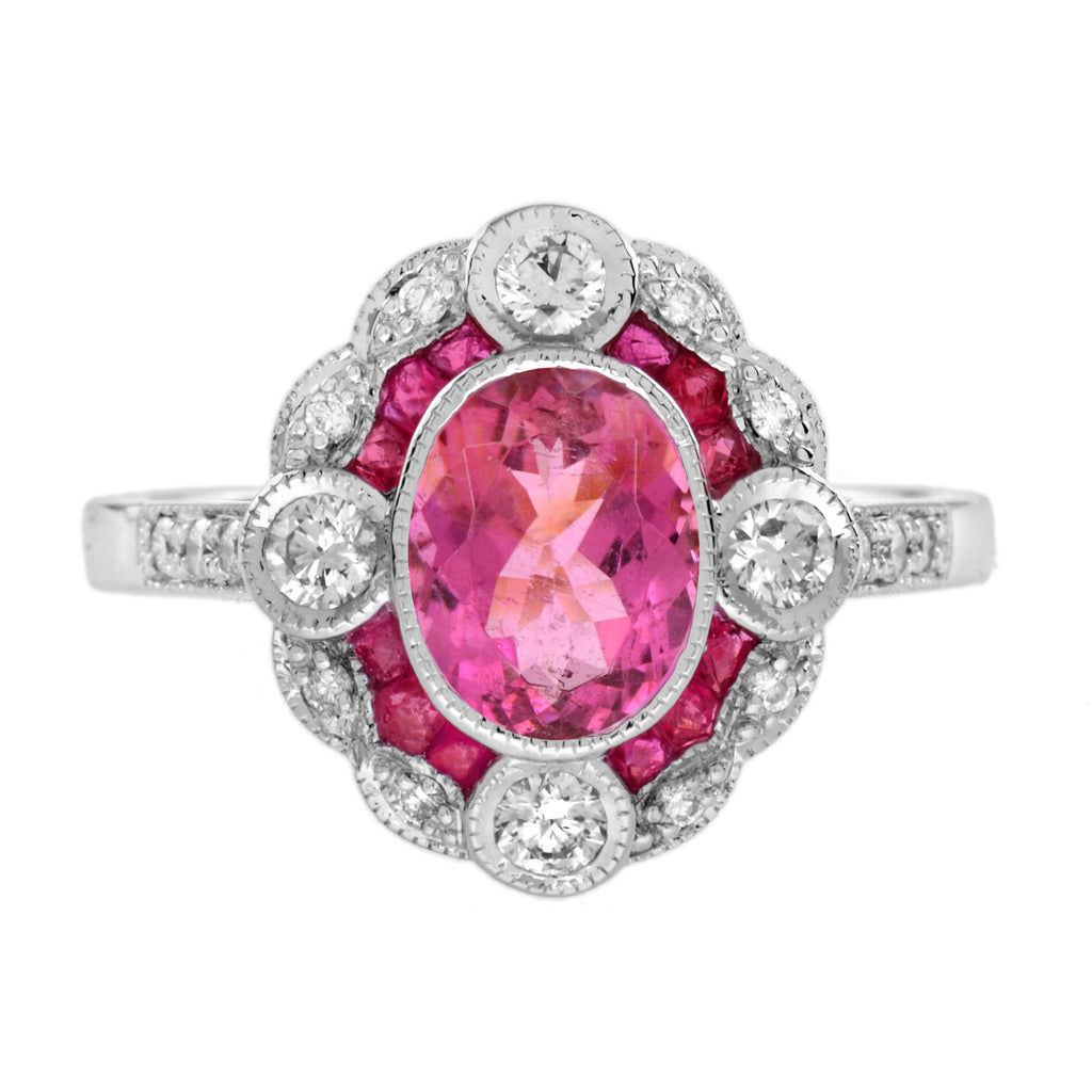 Oval Shape Pink Tourmaline & Ruby Diamond Vintage Inspired Style White Gold Ring