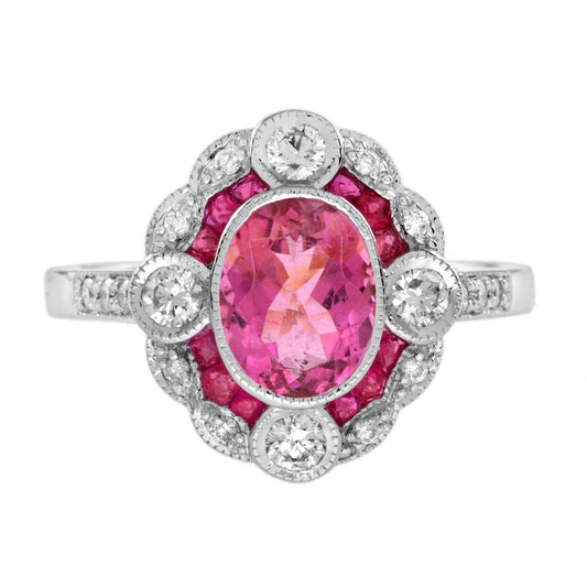 Oval Shape Pink Tourmaline & Ruby Diamond Vintage Inspired Style White Gold Ring