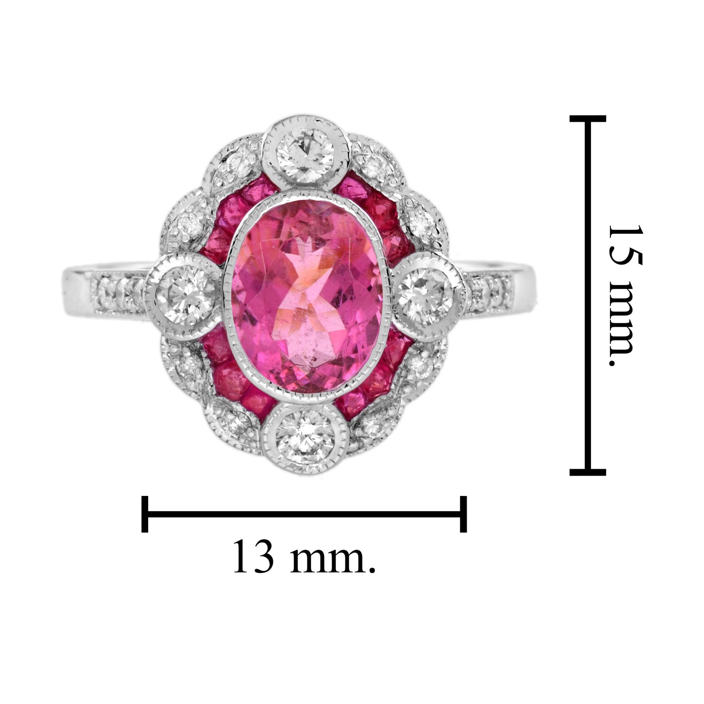 oval shape pink tourmaline & ruby diamond vintage inspired style white gold ring