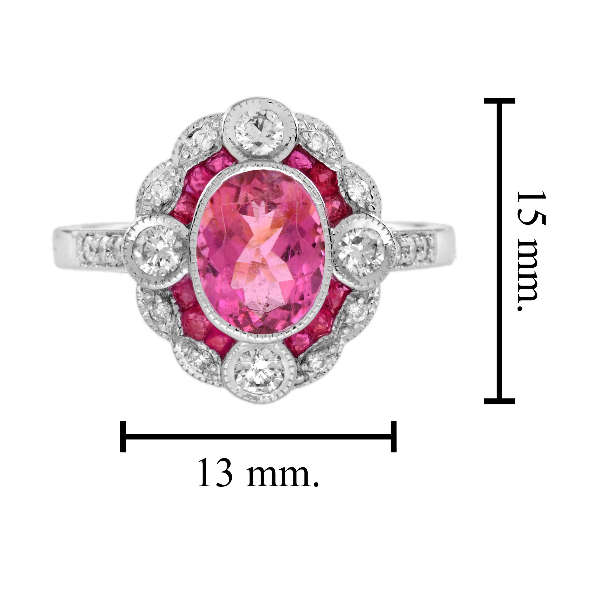 Oval Shape Pink Tourmaline & Ruby Diamond Vintage Inspired Style White Gold Ring