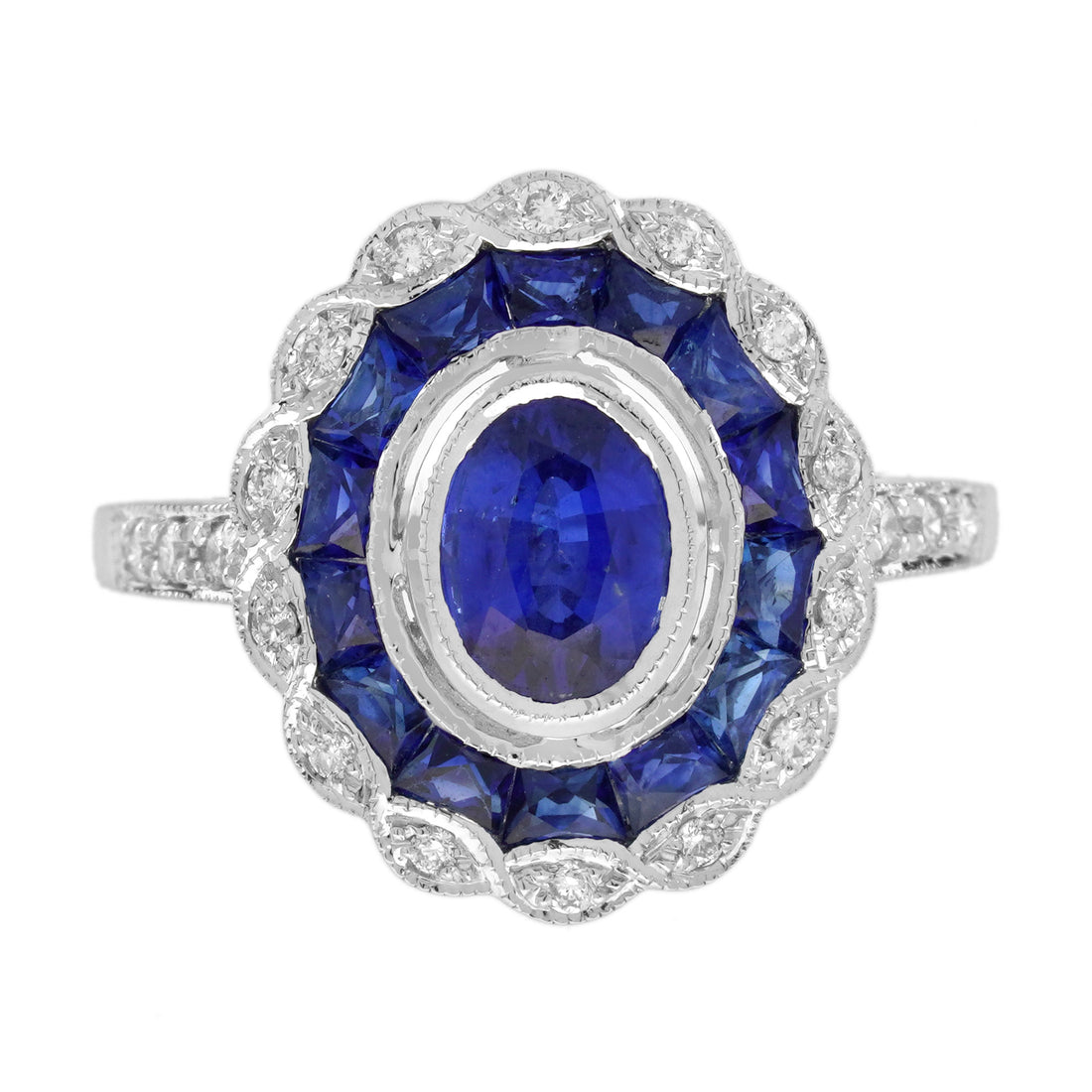 Oval Shape Blue Sapphire & Diamond Vintage Art Deco Style Halo White Gold Ring
