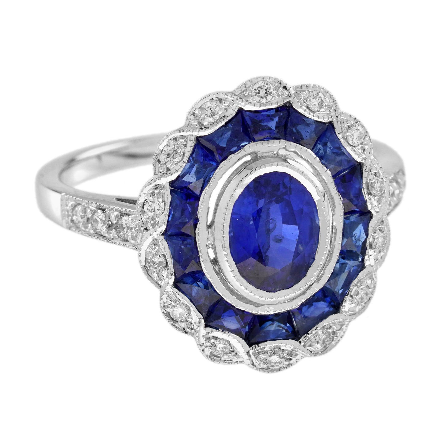oval shape blue sapphire & diamond vintage art deco style halo white gold ring