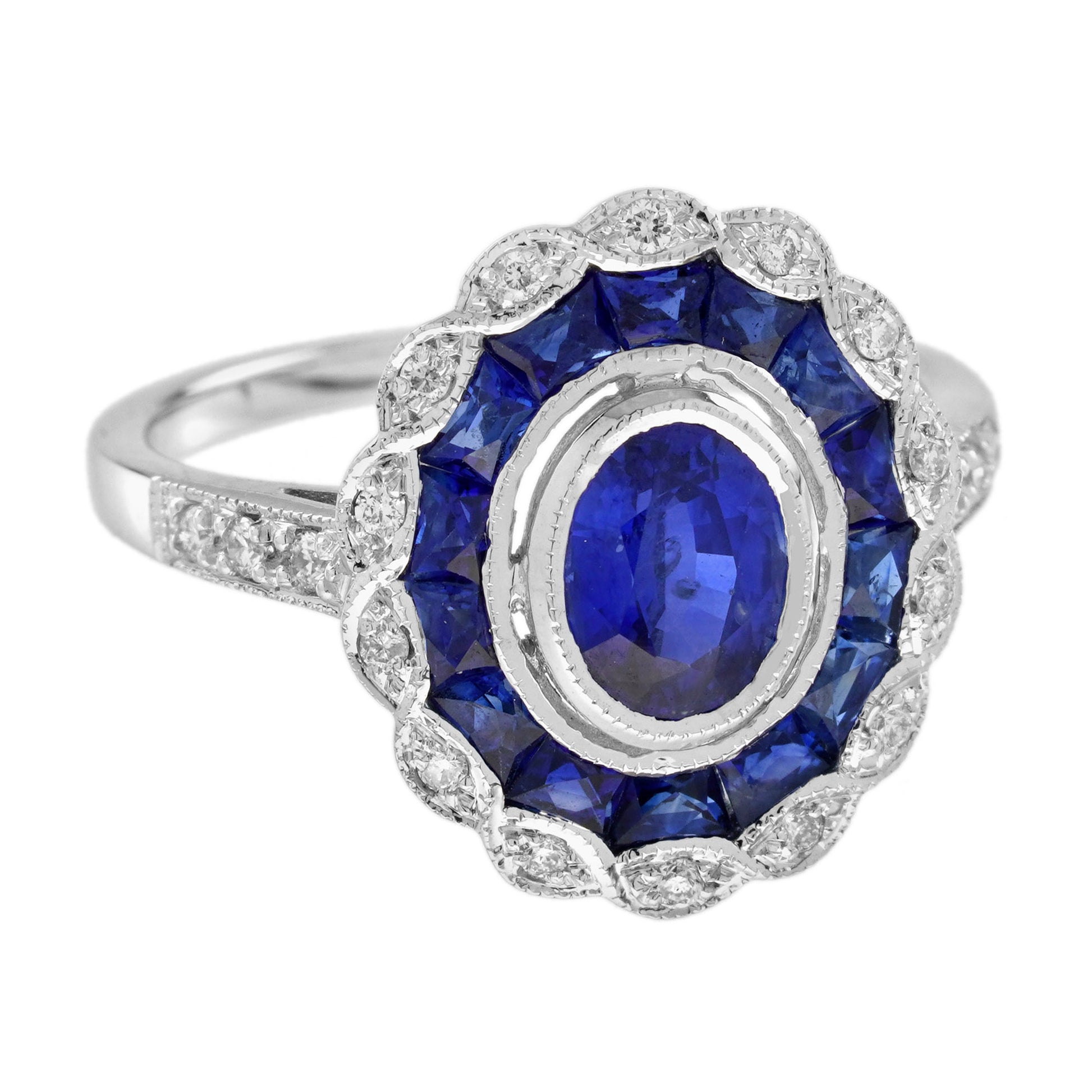 Oval Shape Blue Sapphire & Diamond Vintage Art Deco Style Halo White Gold Ring