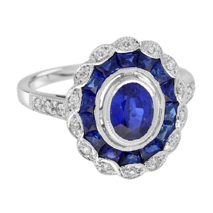 Oval Shape Blue Sapphire & Diamond Vintage Art Deco Style Halo White Gold Ring