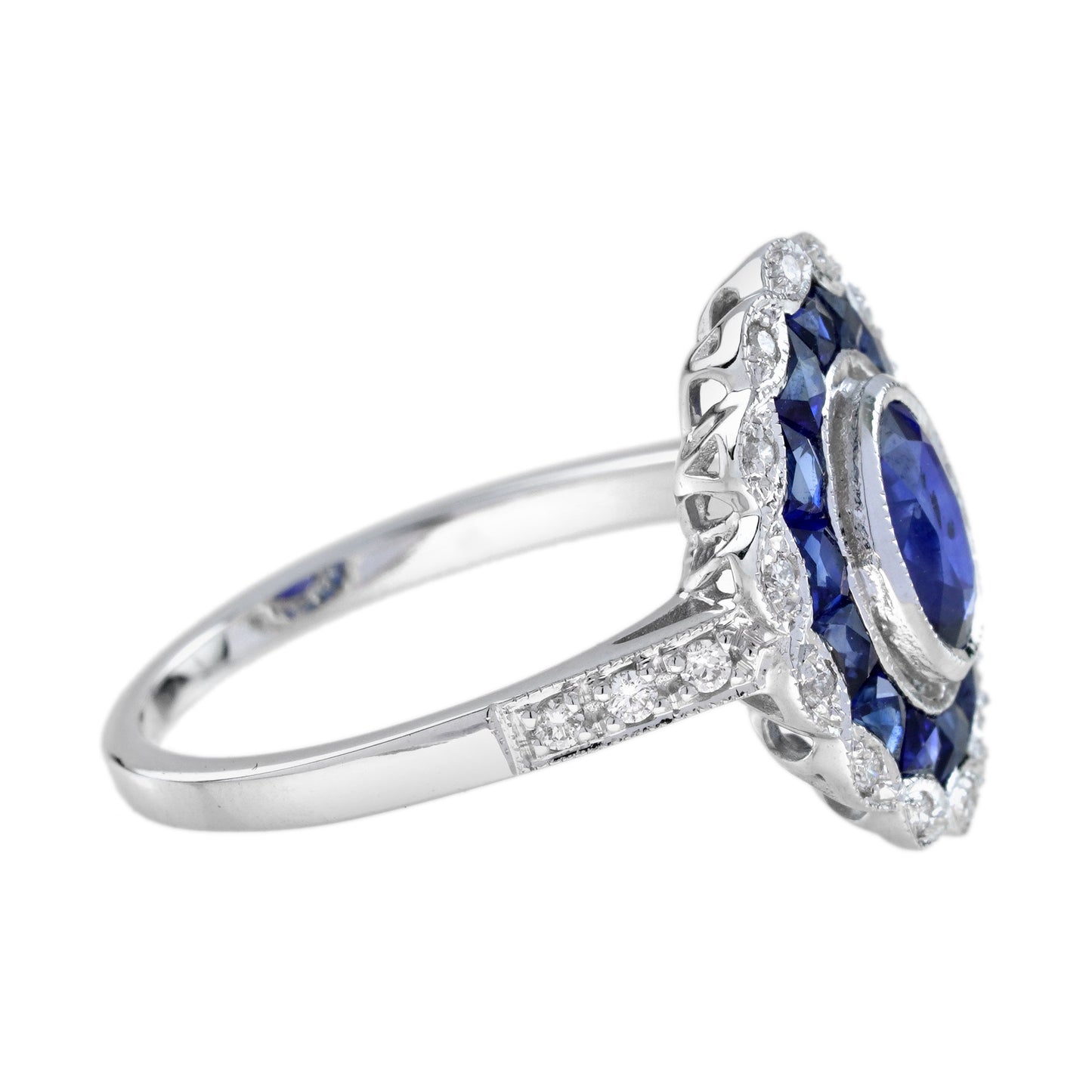 oval shape blue sapphire & diamond vintage art deco style halo white gold ring