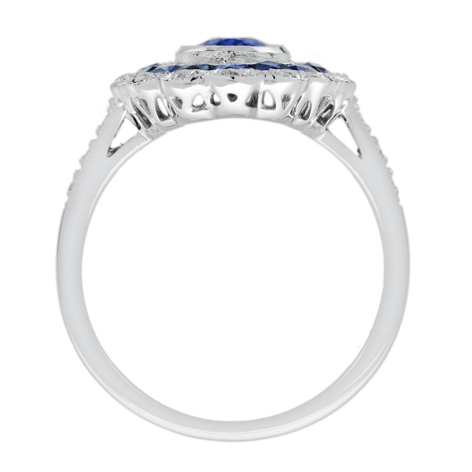 Oval Shape Blue Sapphire &amp; Diamond Vintage Art Deco Style Halo White Gold Ring