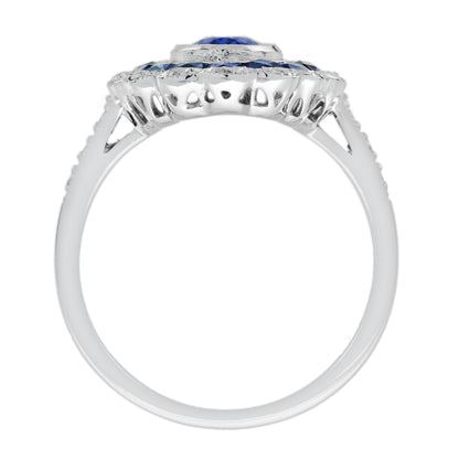 Oval Shape Blue Sapphire & Diamond Vintage Art Deco Style Halo White Gold Ring