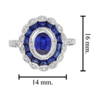 Oval Shape Blue Sapphire & Diamond Vintage Art Deco Style Halo White Gold Ring