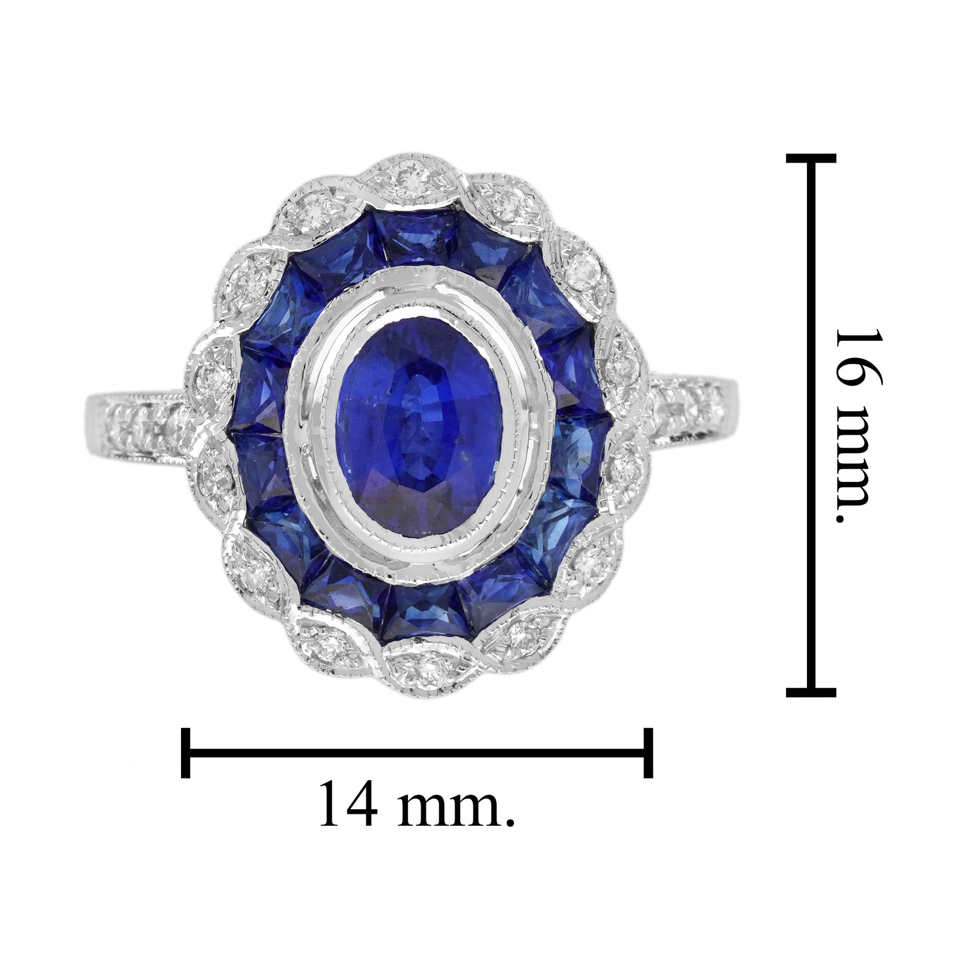 Oval Shape Blue Sapphire & Diamond Vintage Art Deco Style Halo White Gold Ring