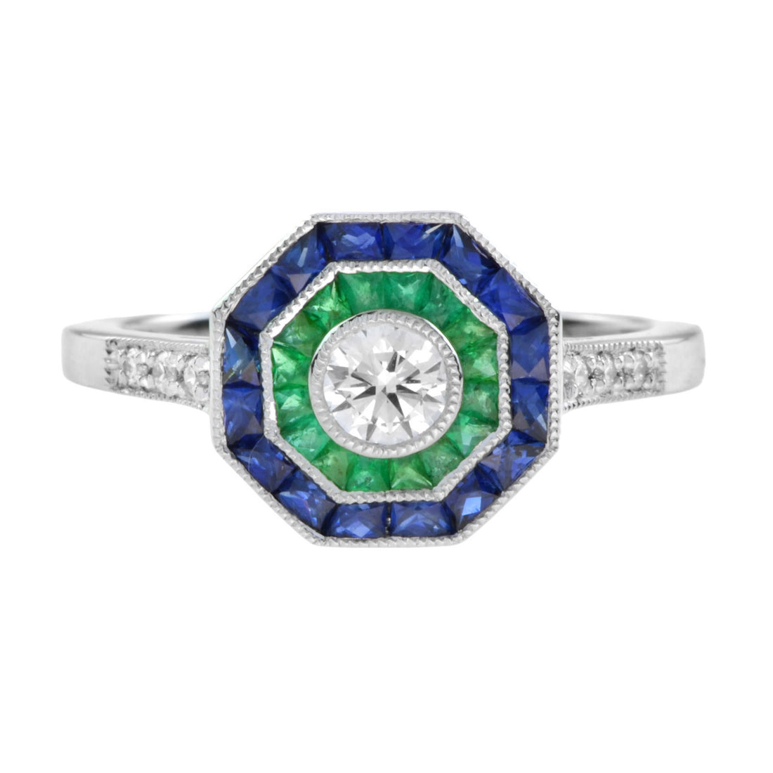Round Diamond with Emerald & Blue Sapphire Double Halo Set 14K White Gold Ring
