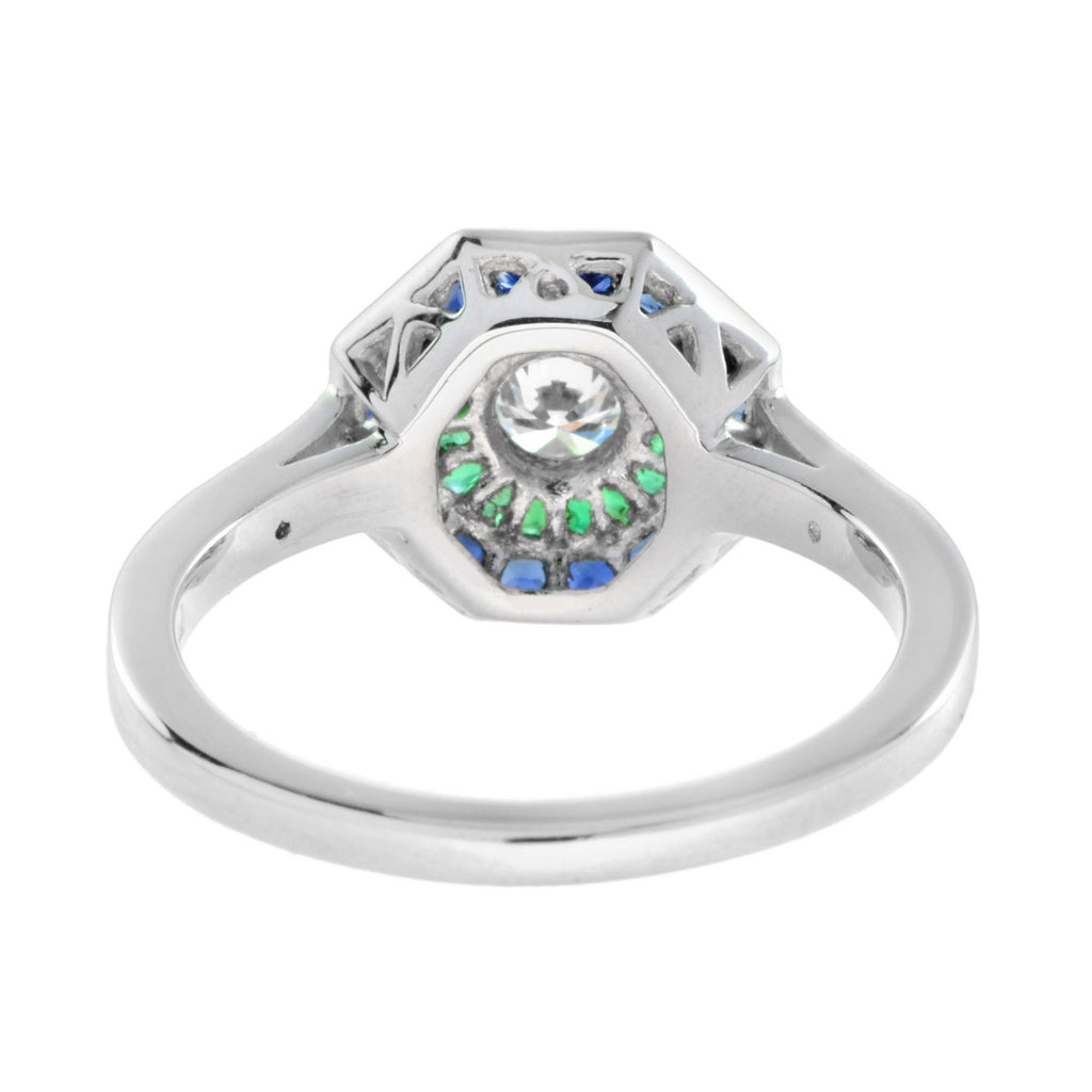 Round Diamond with Emerald & Blue Sapphire Double Halo Set 14K White Gold Ring
