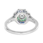 Round Diamond with Emerald & Blue Sapphire Double Halo Set 14K White Gold Ring