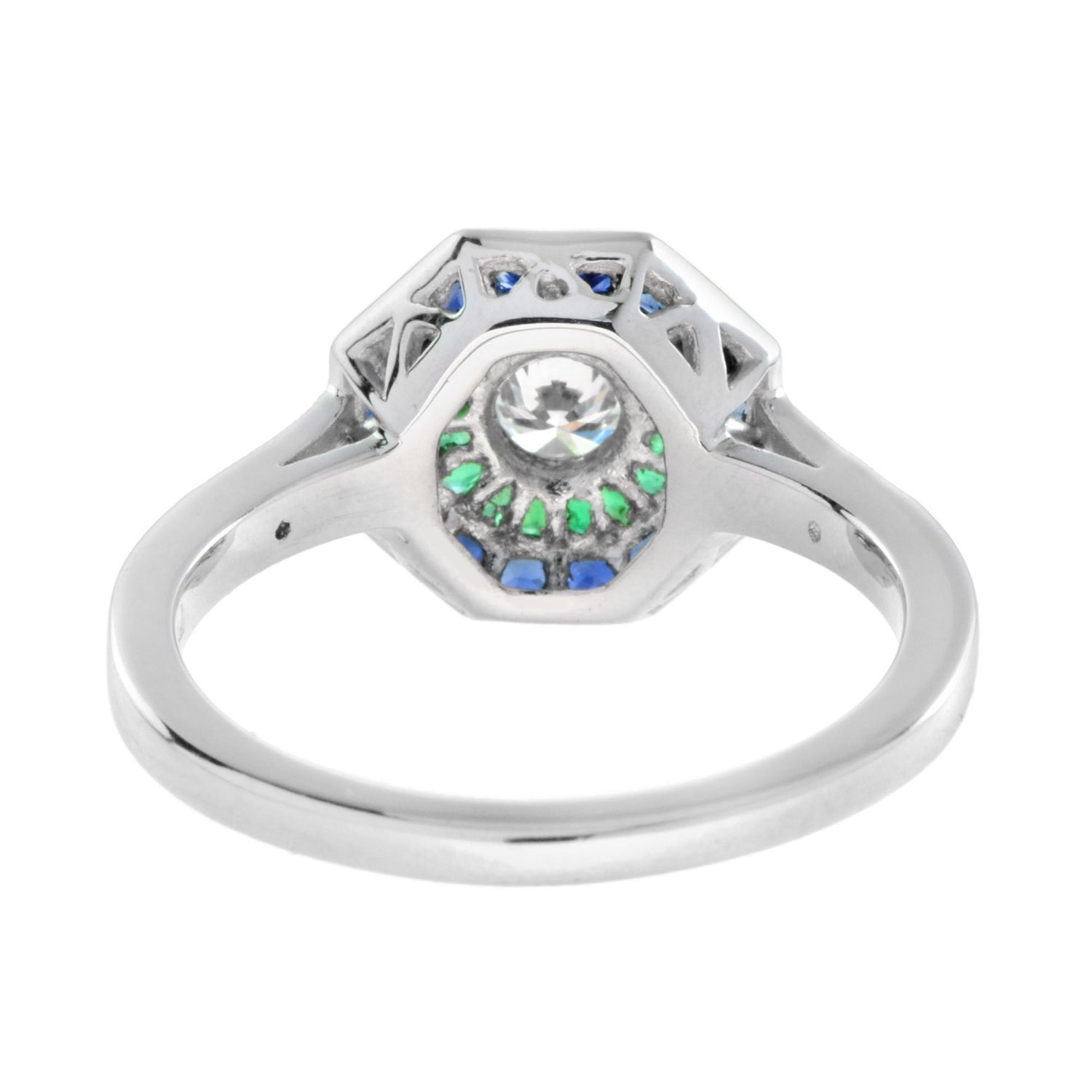 Round Diamond with Emerald &amp; Blue Sapphire Double Halo Set 14K White Gold Ring